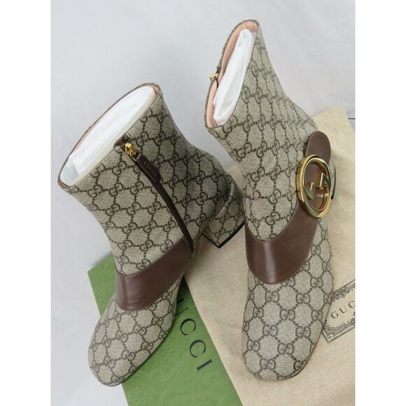 GUCCI 70170 SUPREME LEATHER BELT GG METAL LOGO MONOGRAM BEIGE SHORT ZIP BOOTS 41 - Picture 12 of 13